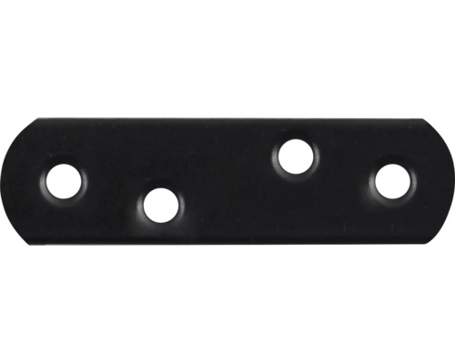 Schwarzer Flachverbinder aus Metall mit vier Löchern für Holzverbindungen.