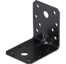 Schwarzer Winkelverbinder aus Metall mit Sicke und verschiedenen Bohrlöchern für Holzkonstruktionen.