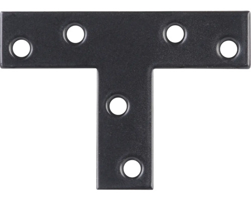 T-Flachverbinder aus schwarzem Metall mit sechs vorgebohrten Löchern für Schrauben.