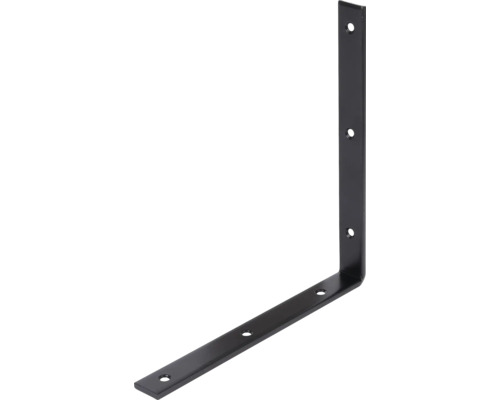 Schwarzer Winkelverbinder aus Metall in L-Form mit Bohrungen.