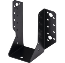 Schwarzer Balkenschuh aus Metall mit außenliegenden Laschen und vorgebohrten Löchern für Holzverbinder.