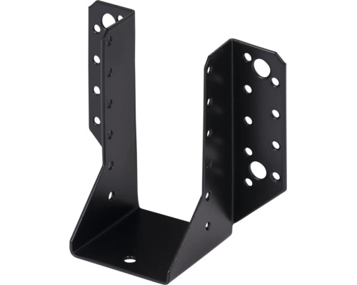 Schwarzer Balkenschuh aus Metall mit außenliegenden Laschen und vorgebohrten Löchern für Holzverbinder.