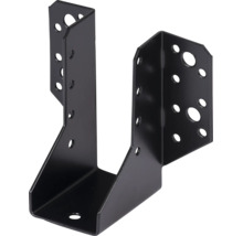 Balkenschuh aus schwarzem Metall mit außenliegenden Laschen und vorgebohrten Löchern zur Befestigung von Holzbalken.