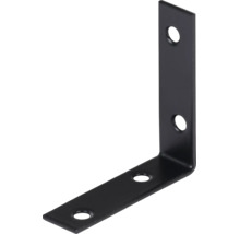 Schwarzer Winkelverbinder aus Metall mit vier vorgebohrten Löchern für Schrauben.