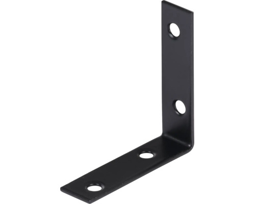 Schwarzer Winkelverbinder aus Metall mit vier vorgebohrten Löchern für Schrauben.