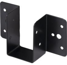 Balkenschuh aus schwarzem Metall in U-Form mit vorgebohrten Löchern zur Befestigung von Holzbalken.