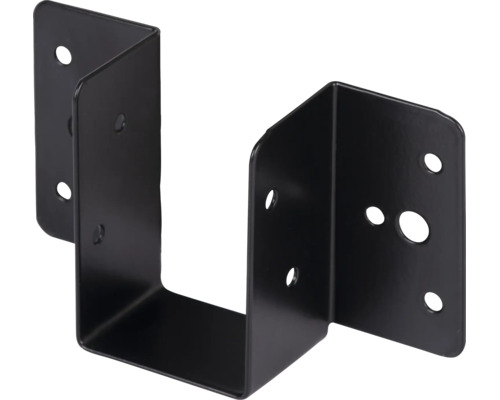 Balkenschuh aus schwarzem Metall in U-Form mit vorgebohrten Löchern zur Befestigung von Holzbalken.