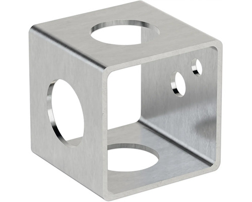 Würfelverbinder aus Metall mit Bohrungen zur Montage von Profilen.