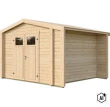 Holzgartenhaus mit Doppeltür und integriertem seitlichem Unterstand in natürlicher Holzoptik mit Satteldach (Image AI modified or generated)