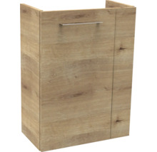 Waschbeckenunterschrank in Holzoptik mit einer Tür und Metallgriff.