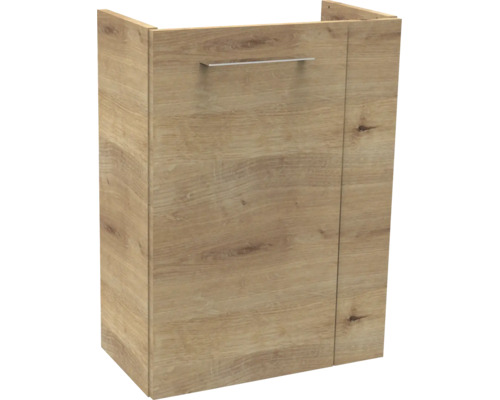 Waschbeckenunterschrank in Holzoptik mit einer Tür und Metallgriff.