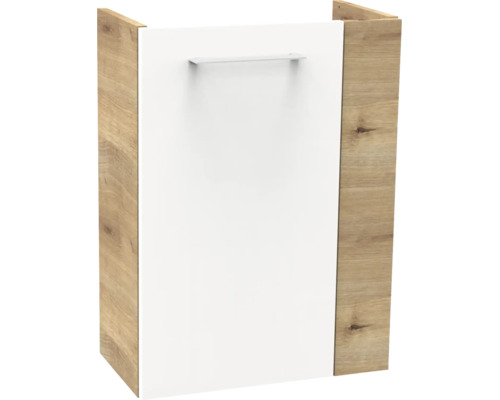 Badezimmer-Seitenschrank mit weißer Front und Seiten in Eiche-Optik, inklusive silberfarbenem Griff.