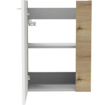 Innenansicht eines Schranks mit Regalböden, weißer Seitenwand, Front in Holzoptik und Metallscharnieren.