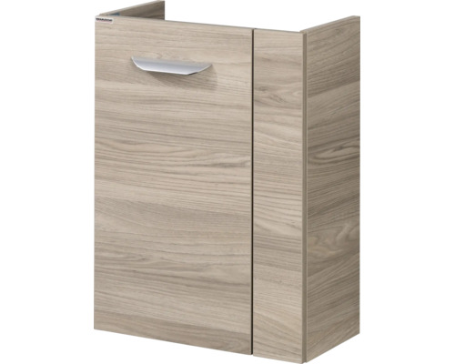 Waschtischunterschrank in Holzoptik mit einem silbernen Metallgriff.