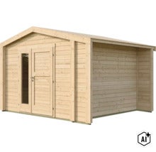 Holzgartenhaus mit Satteldach und Flügeltür mit Glaseinsatz (Image AI modified or generated)