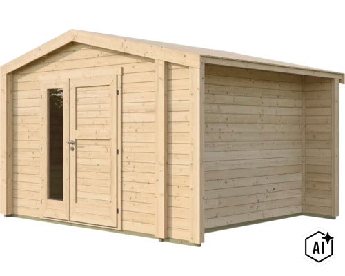 Holzgartenhaus mit Satteldach und Flügeltür mit Glaseinsatz (Image AI modified or generated)