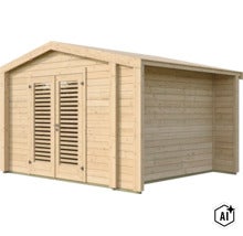 Gartenhaus aus Massivholz mit Doppeltür und Lamellenfensteroptik in klassischem Design mit Satteldach für die Gartenaufbewahrung. (Image AI modified or generated)