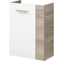 Badezimmerunterschrank mit weißer Front, silberfarbenem Griff und Korpus in Holzoptik.