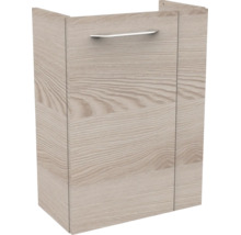 Waschbeckenunterschrank in Holzoptik mit einer Tür und Metallgriff.