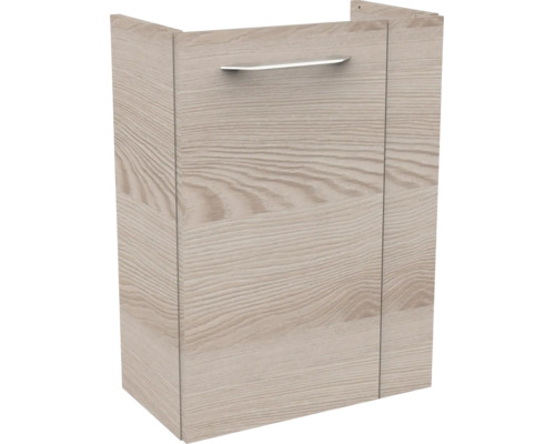 Waschbeckenunterschrank in Holzoptik mit einer Tür und Metallgriff.