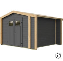 Gartenhaus aus Holz mit Doppeltür, Fensteröffnungen und natürlichem Holzrahmen für eine stabile Gartenkonstruktion. (Image AI modified or generated)