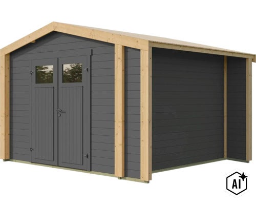 Gartenhaus aus Holz mit Doppeltür, Fensteröffnungen und natürlichem Holzrahmen für eine stabile Gartenkonstruktion. (Image AI modified or generated)