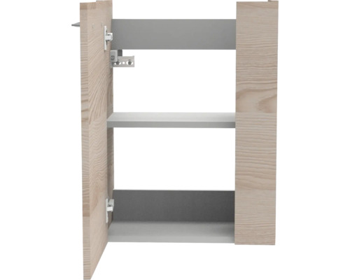 Küchenschrank-Korpus mit zwei Ebenen, Holzoptik in Eiche und graue Details.