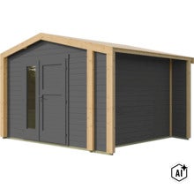Gartenhaus aus Holz mit Pultdach und einer Doppeltür inklusive Glaseinsatz. (Image AI modified or generated)