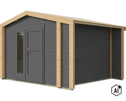 Gartenhaus aus Holz mit Pultdach und einer Doppeltür inklusive Glaseinsatz. (Image AI modified or generated)