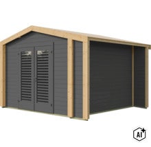 Modernes Gartenhaus aus Holz mit Doppeltür und Lamellenfenstern für Stauraum im Garten. (Image AI modified or generated)