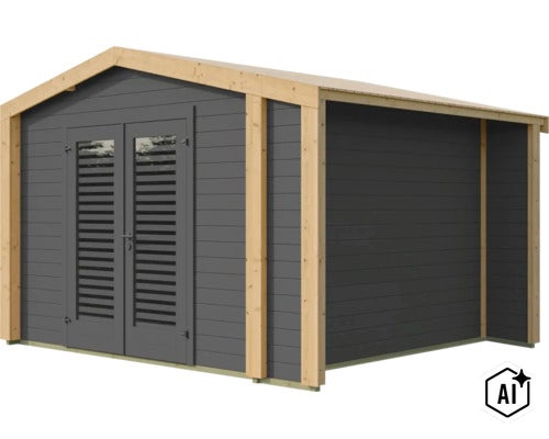 Modernes Gartenhaus aus Holz mit Doppeltür und Lamellenfenstern für Stauraum im Garten. (Image AI modified or generated)