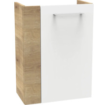 Badezimmerunterschrank mit Korpus in Holzoptik und weißer Front mit Metallgriff.