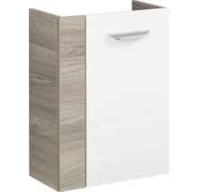 Badezimmer-Unterschrank mit weißer Front, Seitenteilen in Holzoptik und einem silbernen Metallgriff.