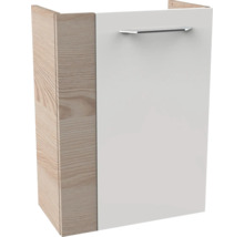 Badezimmerschrank mit weißer Front, Seitenteilen in Holzoptik und einem silbernen Metallgriff.