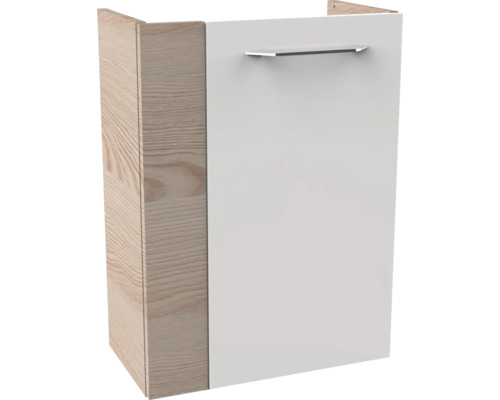 Badezimmerschrank mit weißer Front, Seitenteilen in Holzoptik und einem silbernen Metallgriff.