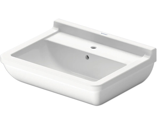 Weißes rechteckiges Waschbecken aus Keramik mit einem Hahnloch und Überlauf von Duravit.