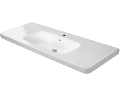 Duravit Möbelwaschtisch aus weißer Keramik, rechteckig, mit einem Hahnloch und Überlauf.