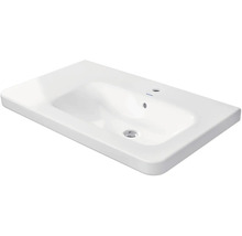 Rechteckiges Waschbecken aus weißer Keramik von Duravit mit einem Hahnloch und Überlauf.