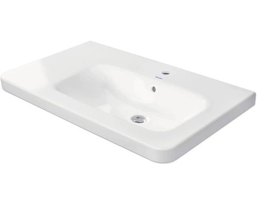 Rechteckiges Waschbecken aus weißer Keramik von Duravit mit einem Hahnloch und Überlauf.