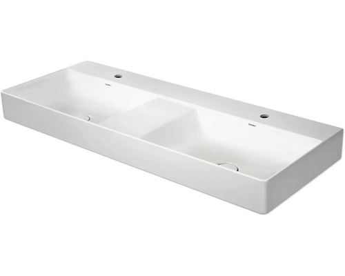 Duravit Doppelwaschtisch aus Sanitärkeramik in rechteckiger Form mit zwei Hahnlöchern.