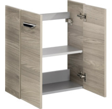 Hängeschrank mit zwei Türen in Holzoptik, Metallgriff und zwei Einlegeböden.