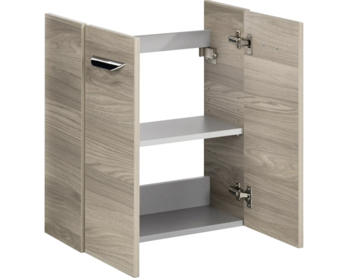 Hängeschrank mit zwei Türen in Holzoptik, Metallgriff und zwei Einlegeböden.