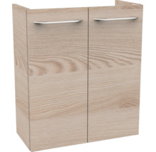 Waschbeckenunterschrank in Holzoptik mit zwei Türen und silberfarbenen Griffen.
