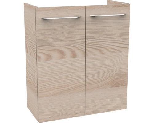 Waschbeckenunterschrank in Holzoptik mit zwei Türen und silberfarbenen Griffen.
