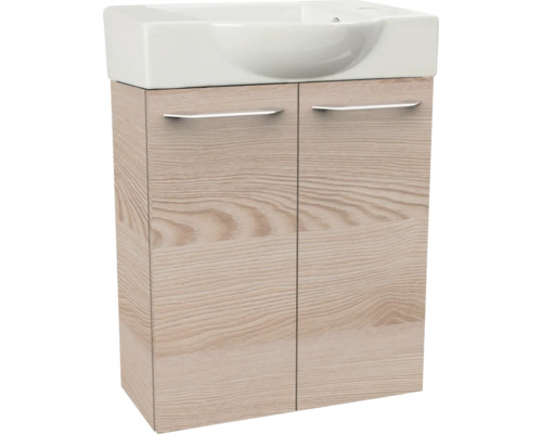Waschbeckenunterschrank mit Keramikwaschbecken, helle Holzoptik, zwei Türen mit silbernen Griffen.