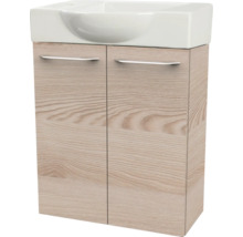Waschbeckenunterschrank mit Keramik-Waschbecken, helle Holzoptik, zwei Türen und silberne Griffe.