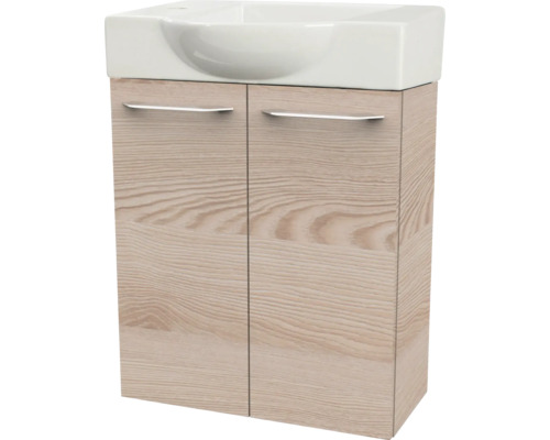 Waschbeckenunterschrank mit Keramik-Waschbecken, helle Holzoptik, zwei Türen und silberne Griffe.