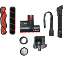 Einhell Staubsauger-Zubehörset mit Bürstenrollen, Bodendüse, flexiblem Schlauch, Fugendüsen, Filtern und Wandhalterung.