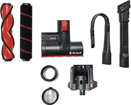 Einhell Staubsauger-Zubehörset mit Bürstenrollen, Bodendüse, flexiblem Schlauch, Fugendüsen, Filtern und Wandhalterung.