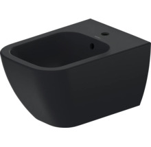 Wand-Bidet aus schwarzer Keramik mit einem Hahnloch und Überlauf von Duravit.